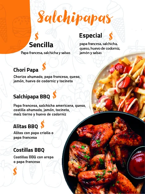 Carta de comidas y salchipapas diseñada para Frutería Barú