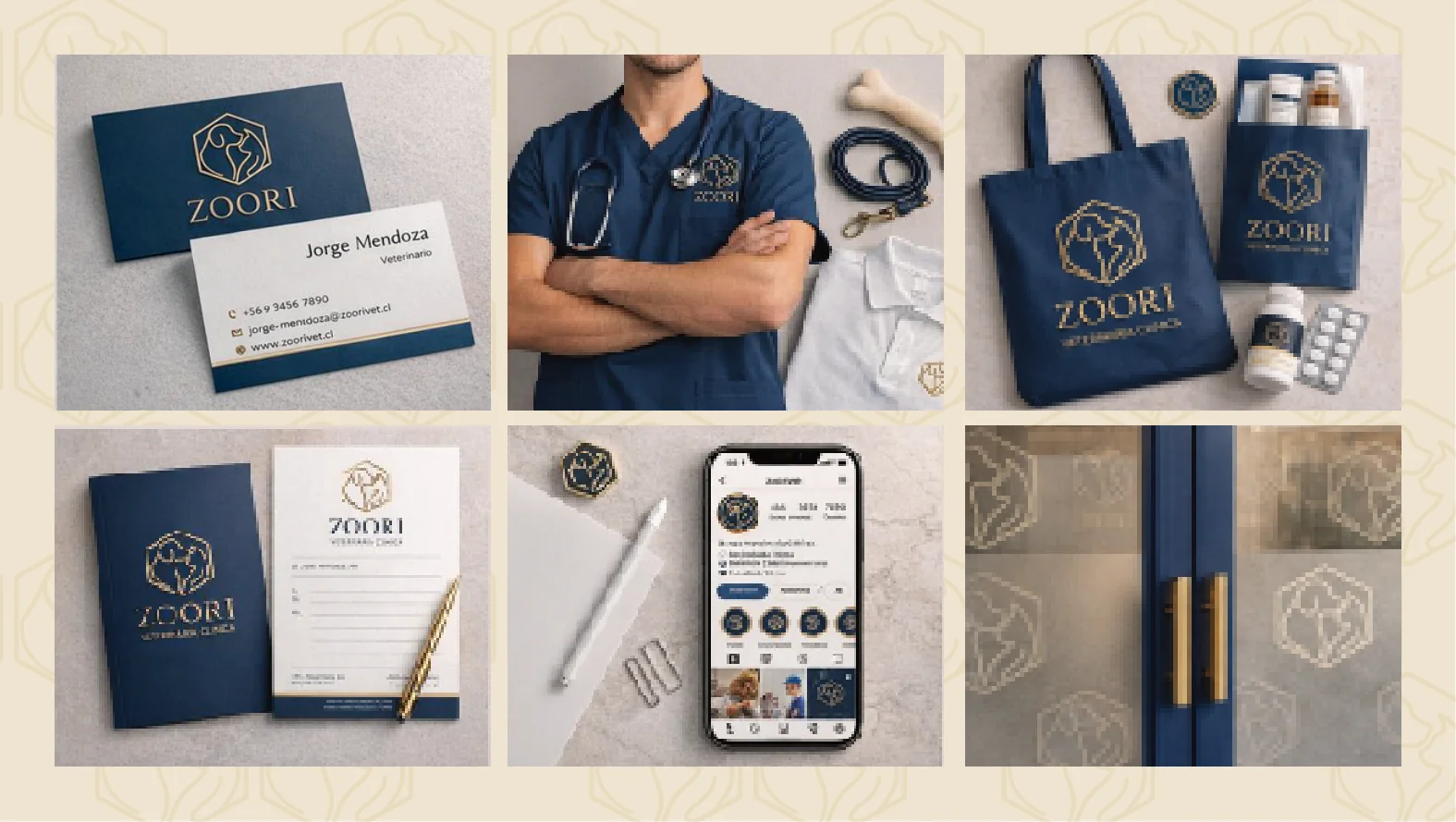 Aplicaciones de la identidad ZOORI en tarjetas, uniforme, material corporativo y elementos de marca